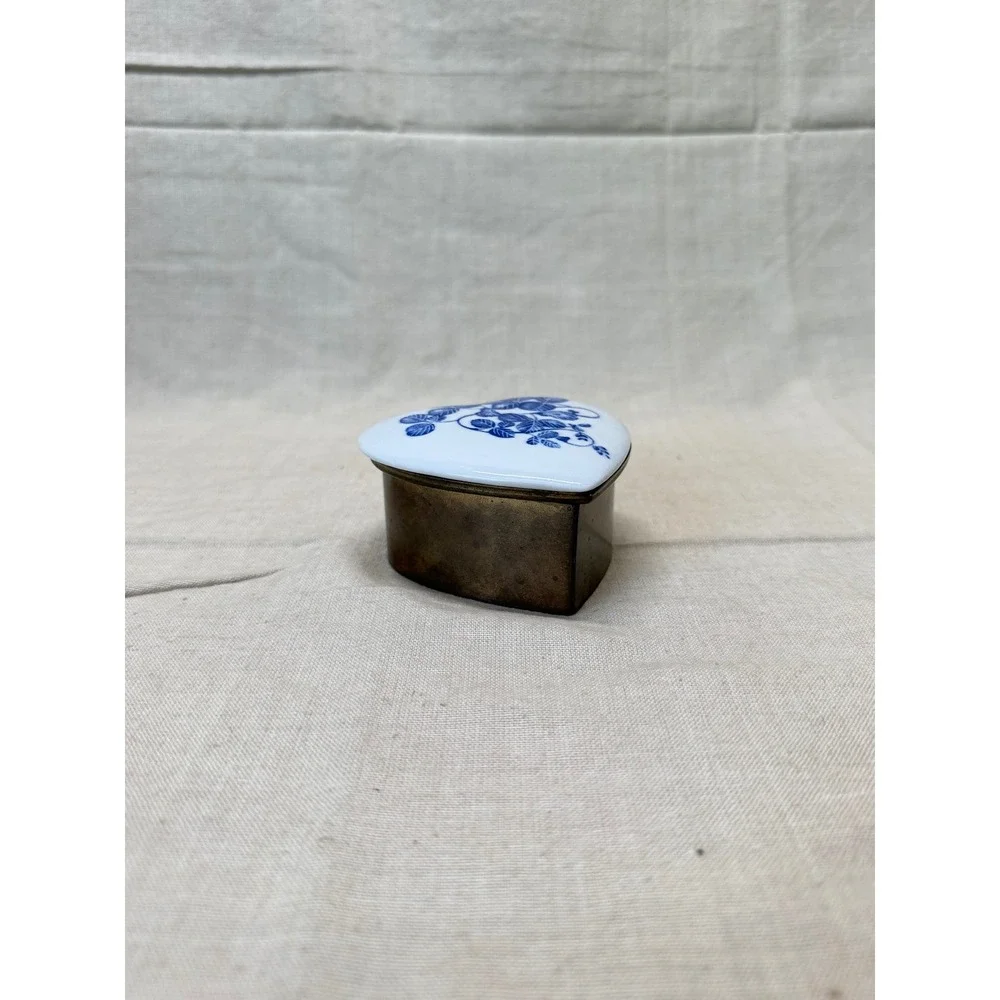 Vintage Heart Trinket Box Brass Porcelain Blue Floral Jewelry Keepsake 1970s